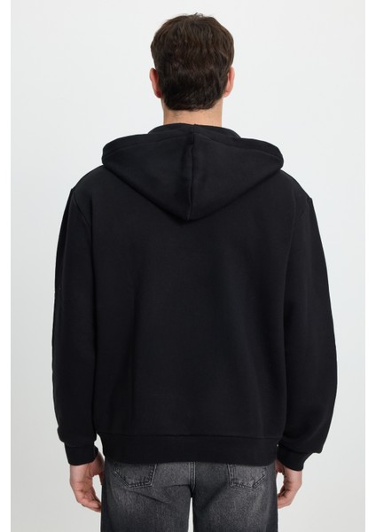 Unisex Relax Fit Rahat Kesim Pamuklu İçi Polarlı Yarım Fermuarlı Siyah Kapüşonlu Sweatshirt