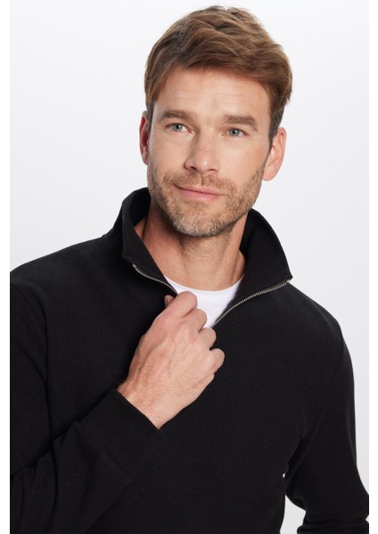 Unisex Relax Fit Rahat Kesim Fitilli Pamuklu Yarım Fermuarlı Siyah Dik Yaka Sweatshirt