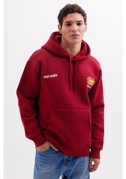 Unisex Oversize Geniş Kesim Pamuklu Yumuşak Dokulu İçi Polarlı Baskılı Bordo Kapüşonlu Sweatshirt