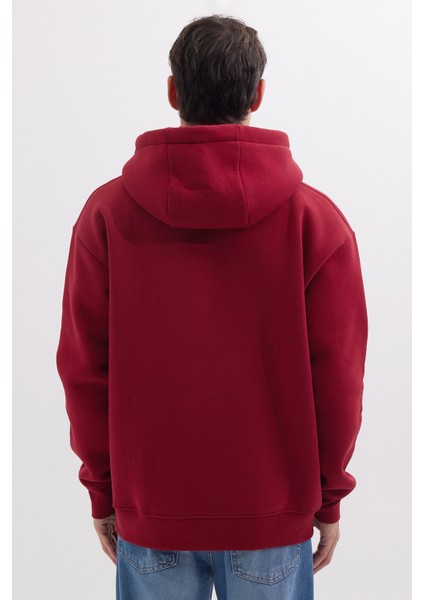 Unisex Oversize Geniş Kesim Pamuklu Yumuşak Dokulu İçi Polarlı Baskılı Bordo Kapüşonlu Sweatshirt