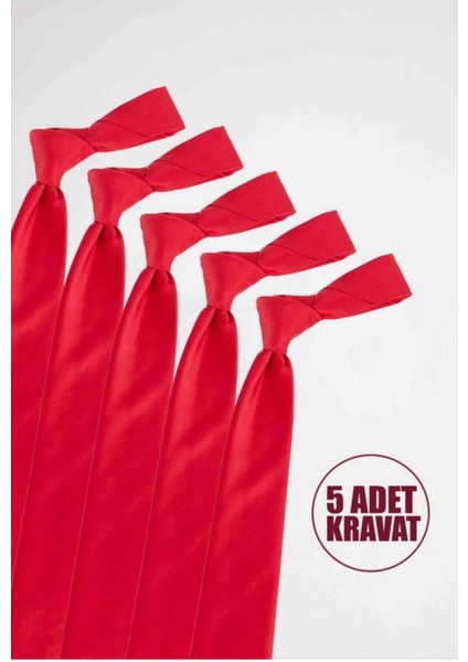 5'li Paket Düz Klasik Cep Mendilli Kırmızı Erkek Kravat