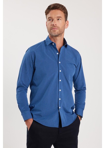 Erkek Regular Fit Klasik Kesim İnce Çizgili Pamuklu Kravatlık Yaka Gömlek