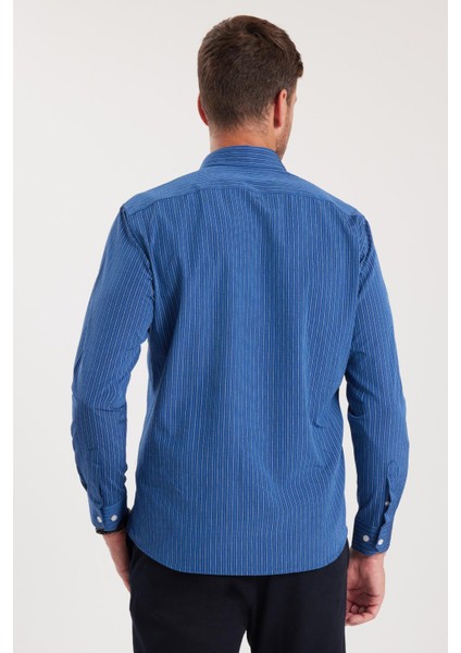 Erkek Regular Fit Klasik Kesim İnce Çizgili Pamuklu Kravatlık Yaka Gömlek