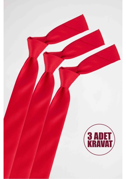 3'lü Paket Düz İnce Kırmızı Erkek Kravat