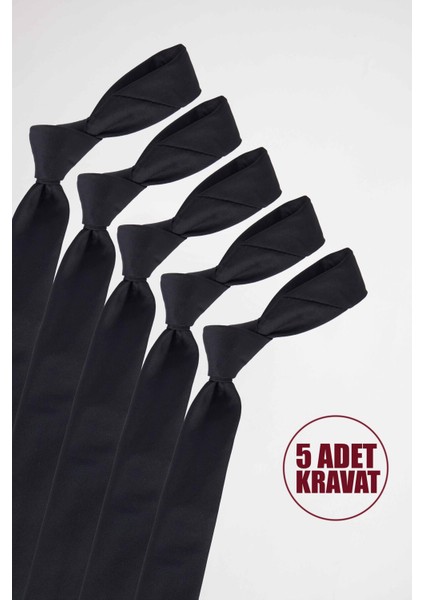 5'li Paket Düz İnce Siyah Erkek Kravat