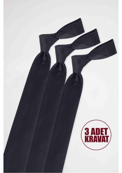 3'lü Paket Düz Klasik Cep Mendilli Siyah Erkek Kravat