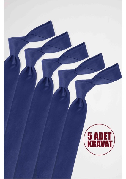 5'li Paket Düz Klasik Cep Mendilli Lacivert Erkek Kravat