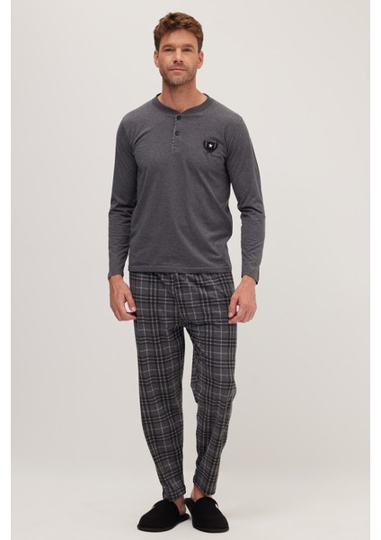 Erkek Regular Fit Pamuklu Düğmeli Yaka Beli Lastikli Desenli Gri Pijama Takımı