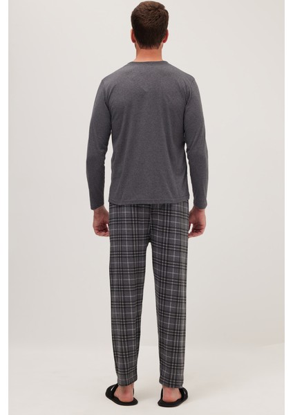 Erkek Regular Fit Pamuklu Düğmeli Yaka Beli Lastikli Desenli Gri Pijama Takımı