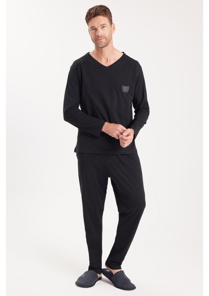 Erkek Standart Fit %100 Pamuk V Yaka Beli Lastikli Siyah Pijama Takımı