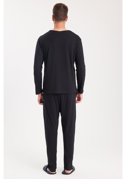Erkek Standart Fit %100 Pamuk V Yaka Beli Lastikli Siyah Pijama Takımı