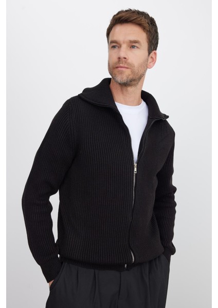 Erkek Slim Fit Dik Yaka Fermuarlı Siyah Düz Hırka