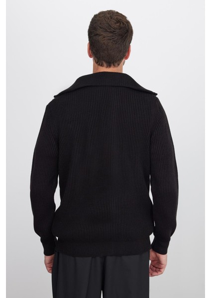 Erkek Slim Fit Dik Yaka Fermuarlı Siyah Düz Hırka