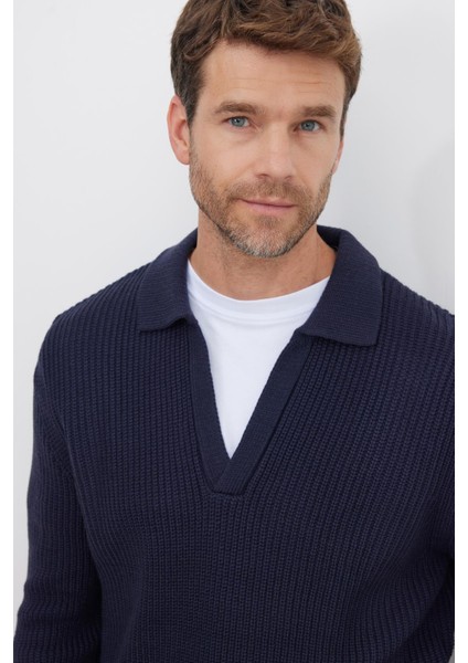 Erkek Slim Fit Dar Kesim Polo Yaka Lacivert Kazak