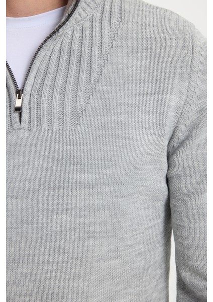 Erkek Slim Fit Dar Kesim Armürlü Fermuarlı Gri Dik Yaka Kazak