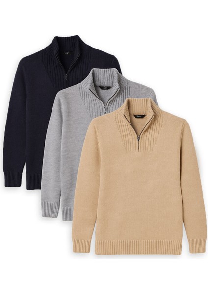 Erkek 3'lü Paket Taş-Açık Gri-Lacivert Slim Fit Dar Kesim Fermuarlı Dik Yaka Triko Kazak