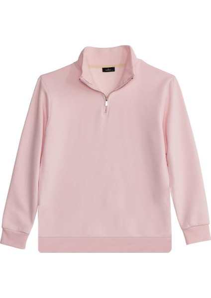 Kadın Relax Fit Rahat Kesim Pamuklu İçi Polarlı Yarım Fermuarlı Pembe Dik Yaka Sweatshirt