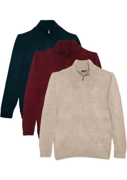 Erkek 3'lü Paket Zümrüt Yeşili-Bordo-Yeşil Slim Fit Dar Kesim Fermuarlı Dik Yaka Triko Kazak