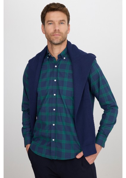 Erkek Regular Fit Klasik Kesim Düğmeli Yaka Küçük Kareli Pamuklu Yeşil-Mavi Gömlek