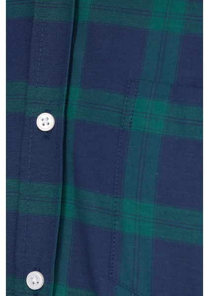 Erkek Regular Fit Klasik Kesim Düğmeli Yaka Küçük Kareli Pamuklu Yeşil-Mavi Gömlek