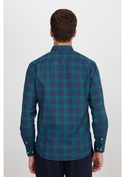 Erkek Regular Fit Klasik Kesim Düğmeli Yaka Küçük Kareli Pamuklu Yeşil-Mavi Gömlek