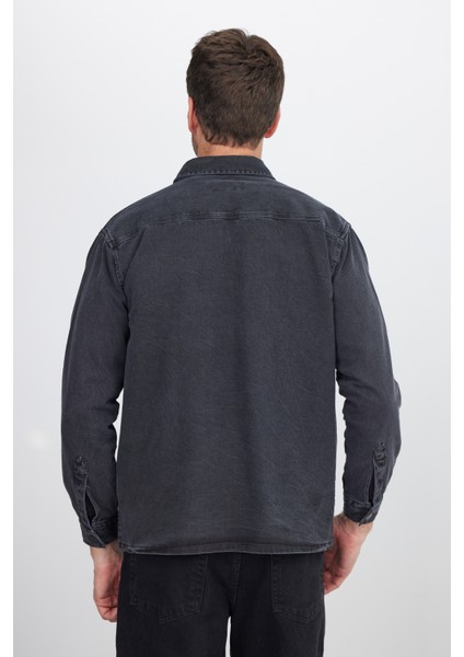 Relax Fıt Uzun Kollu Çift Cep Eskitmeli Siyah Denim Erkek Siyah Gömlek