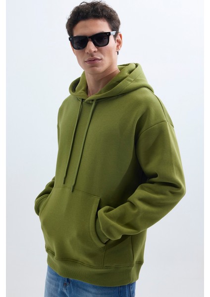 Unisex Oversize Geniş Kesim Pamuklu Yumuşak Dokulu İçi Polarlı Basic Yeşil Renk Kapüşonlu Sweatshirt