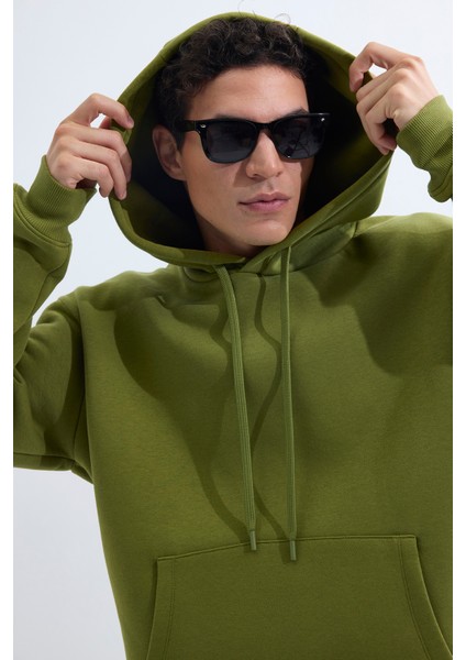 Unisex Oversize Geniş Kesim Pamuklu Yumuşak Dokulu İçi Polarlı Basic Yeşil Renk Kapüşonlu Sweatshirt fiyatları