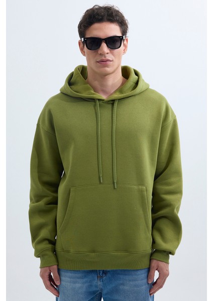 Unisex Oversize Geniş Kesim Pamuklu Yumuşak Dokulu İçi Polarlı Basic Yeşil Renk Kapüşonlu Sweatshirt fırsatları