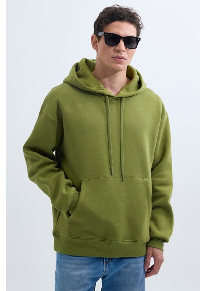 Unisex Oversize Geniş Kesim Pamuklu Yumuşak Dokulu İçi Polarlı Basic Yeşil Renk Kapüşonlu Sweatshirt indirimleri