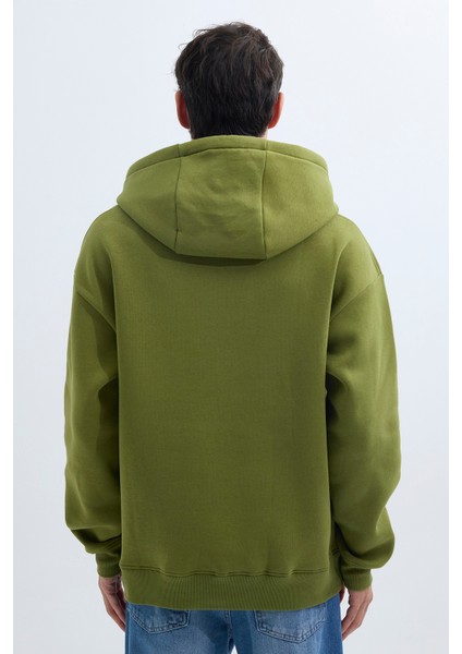 Unisex Oversize Geniş Kesim Pamuklu Yumuşak Dokulu İçi Polarlı Basic Yeşil Renk Kapüşonlu Sweatshirt