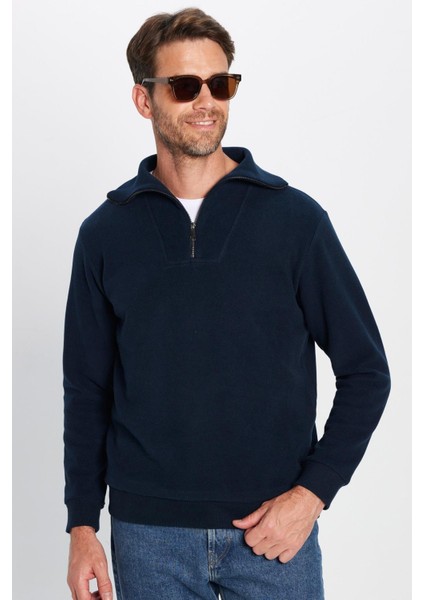 Unisex Relax Fit Rahat Kesim Fitilli Desenli Pamuklu Yarım Fermuarlı İndigo Dik Yaka Sweatshirt