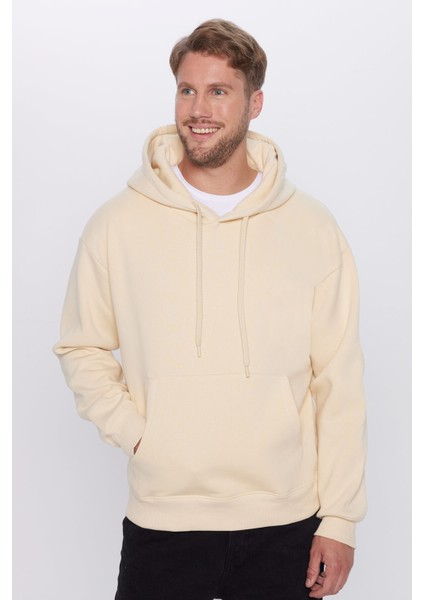 Unisex Oversize Geniş Kesim Pamuklu Yumuşak Dokulu İçi Polarlı Basic Bej Kapüşonlu Sweatshirt