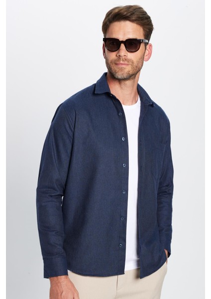 Erkek Regular Fit Klasik Kesim Pamuklu Tek Cepli Armürlü Kışlık Oduncu Lacivert Gömlek