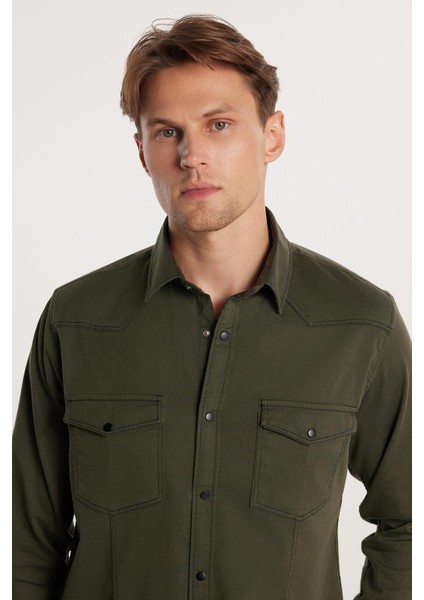 Slim Fit Uzun Kollu Gündelik Denim Kot Unisex Haki Gömlek