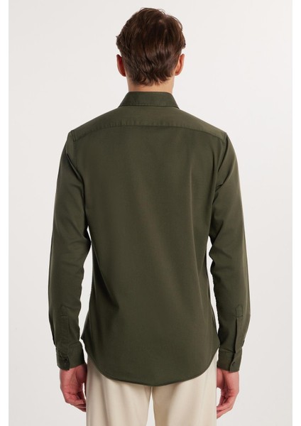 Slim Fit Uzun Kollu Gündelik Denim Kot Unisex Haki Gömlek