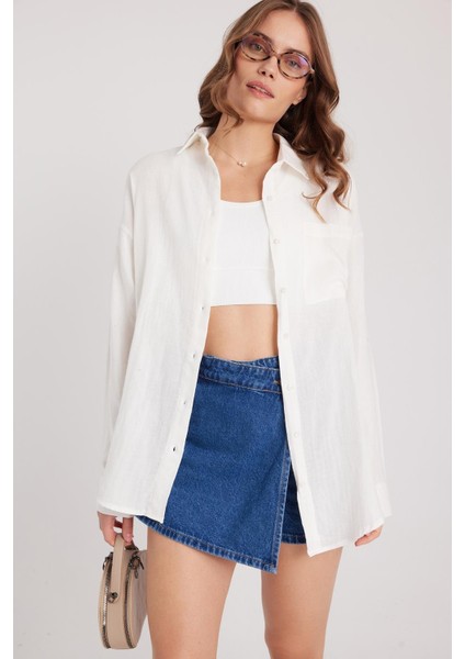 Kadın Oversize Geniş Kesim %100 Pamuk Müslin Kumaş Uzun Kollu Cepli Dokulu Ekru Gömlek