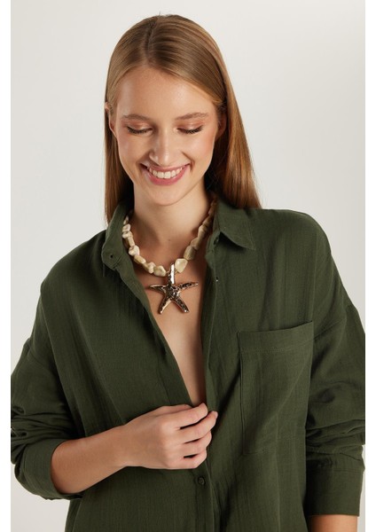 Kadın Oversize Geniş Kesim %100 Pamuk Müslin Kumaş Uzun Kollu Cepli Dokulu Haki Gömlek