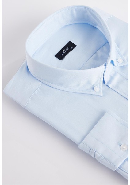 Erkek Big Size Büyük Beden Pamuklu Kolay Ütü Mavi Düğmeli Yaka Gömlek