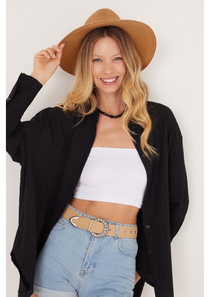 Kadın Oversize Geniş Kesim Bürümcük Pens Detaylı Uzun Kollu Dokulu Siyah Gömlek