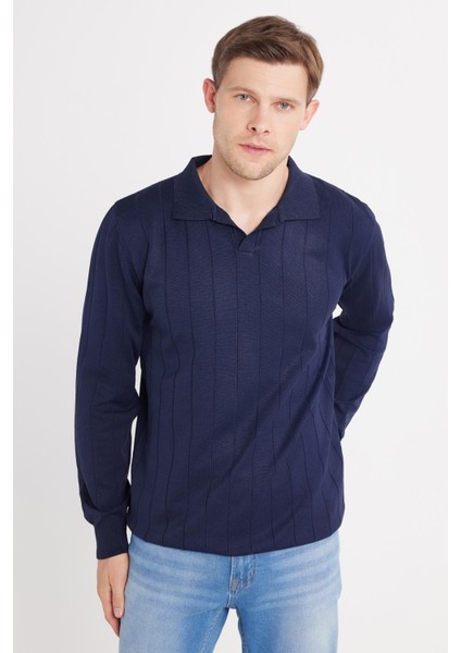 Erkek Slim Fit Dar Kesim Uzun Kol Polo Yaka Çizgili Lacivert Kazak