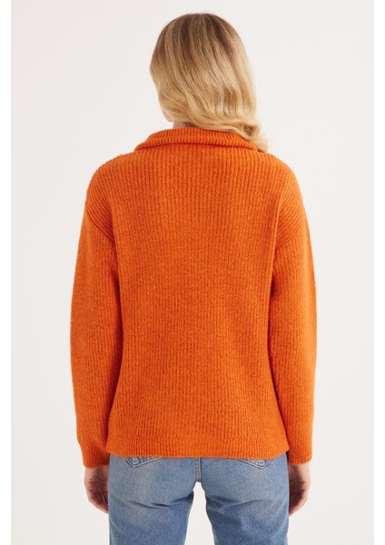 Kadın Oversize Geniş Kesim Dokumalı Fermuarlı Yaka Kiremit Kazak