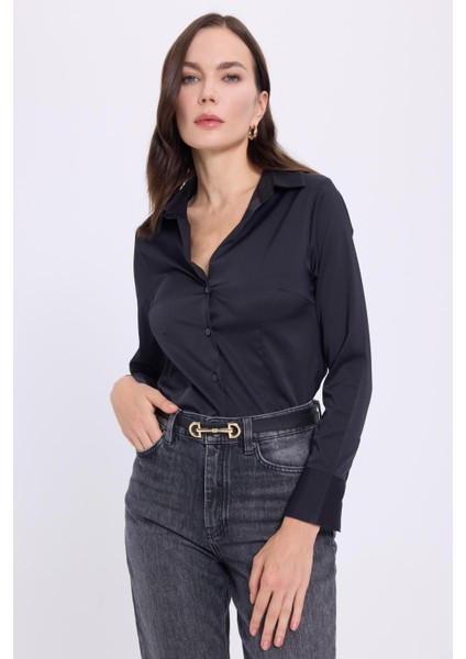 Kadın Slim Fit Dar Kesim Klasik Yaka Uzun Kollu Siyah Gömlek