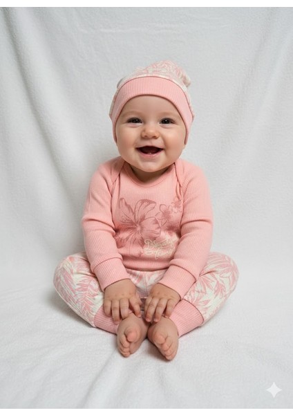 Erkek-Kız Bebek Omuz Genişletmeli Çıtçıtlı Body Pijama Bere Takımı, %100 Pamuk , 3-6-9 Ay