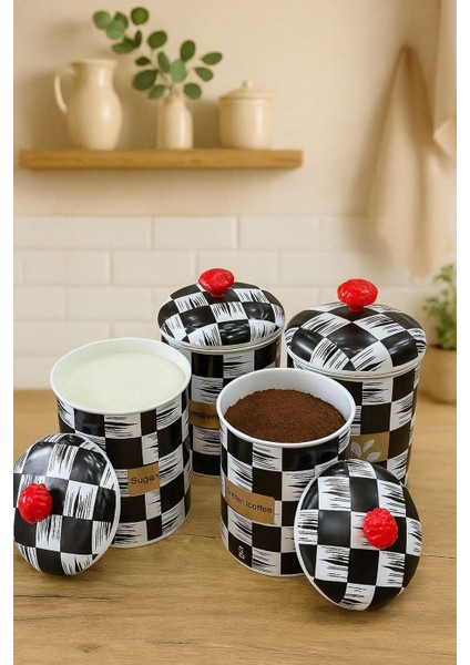 Dama Desenli 3'lü Set Plastik Saklama Kavanozu Kahve Çay Şeker modelleri