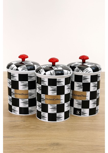 Dama Desenli 3'lü Set Plastik Saklama Kavanozu Kahve Çay Şeker fırsatları