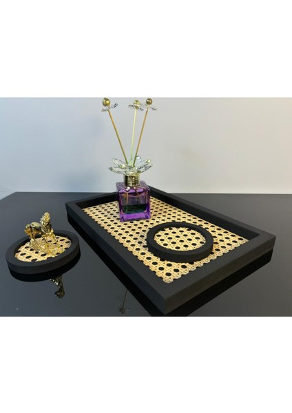 2'li Rattan Dikdörtgen Set (28X17CM) ve Bardak Altlığı, Siyah