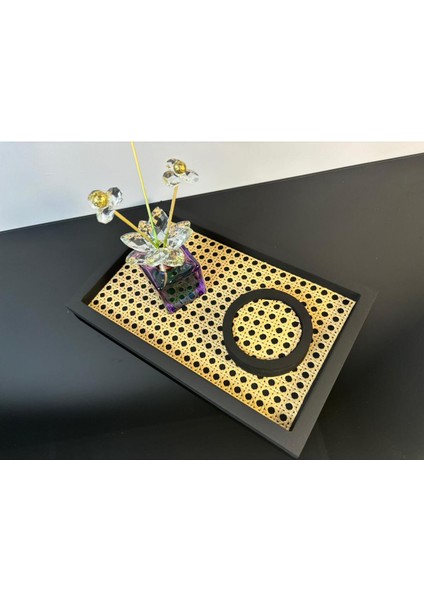 2'li Rattan Dikdörtgen Set (28X17CM) ve Bardak Altlığı, Siyah fırsatları