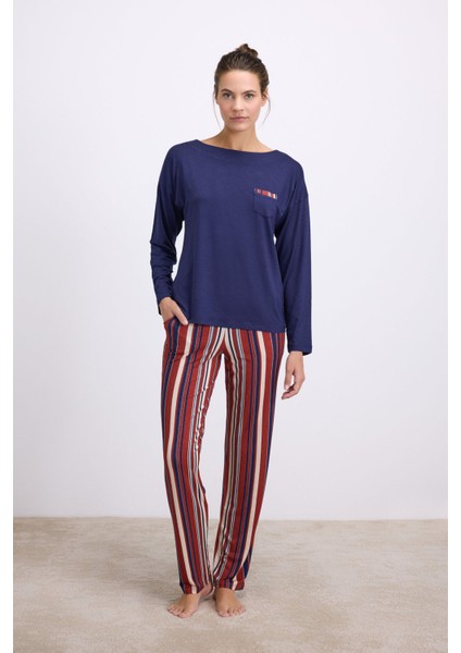Kadın Lacivert Uzun Kollu T-Shirt ve Çizgili Pantolon Takımı (11577)