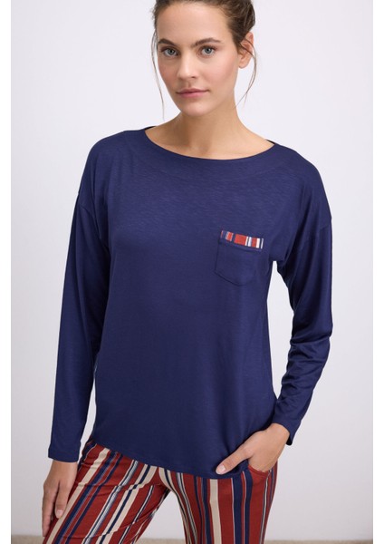 Kadın Lacivert Uzun Kollu T-Shirt ve Çizgili Pantolon Takımı (11577) modelleri